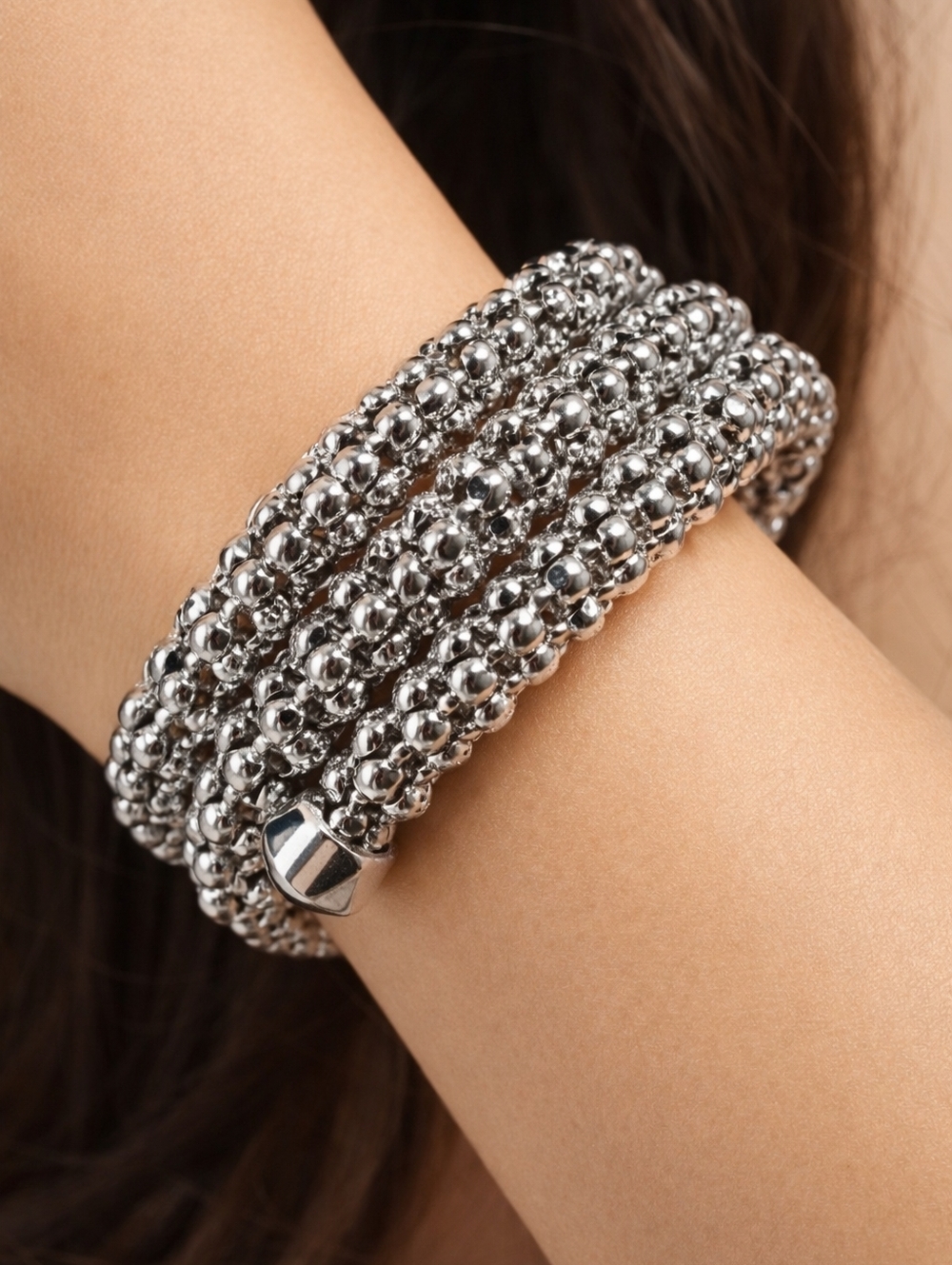 AVENUE, Polished Silver-tone Beaded Coil/Wrap Bracelet